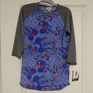 LuLaRoe Minnie Mouse Disney Blue and Gray Cartoon Print Raglan Randy Shirt